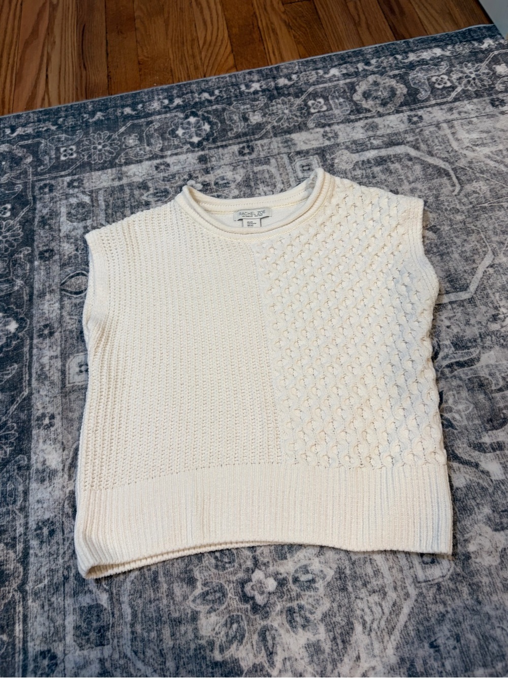 Rachel Zoe Ivory Textured Knit Sleeveless Crewneck Vest